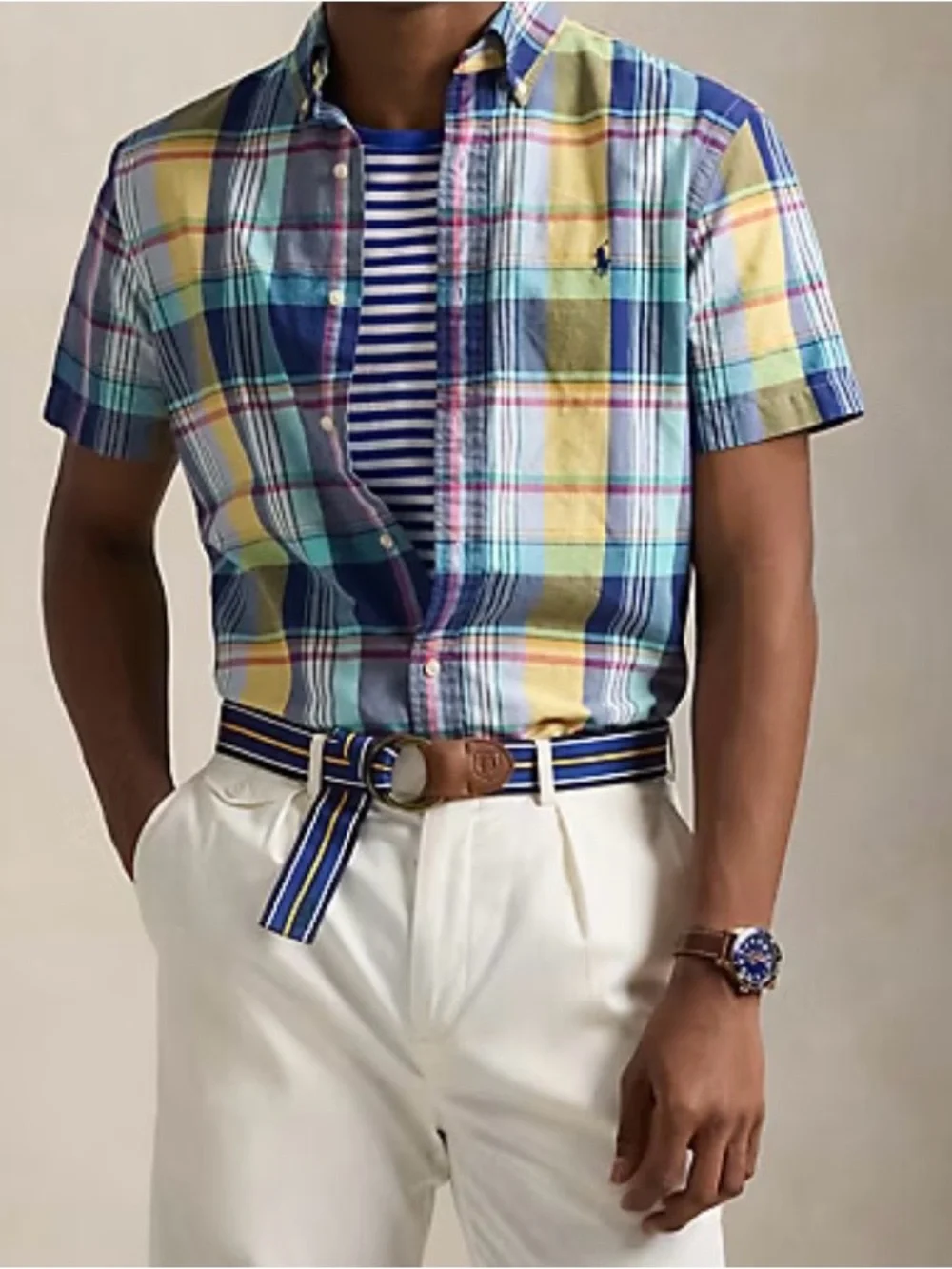 Polo by Ralph Lauren Blue, Yellow and Green Plaid Short-Sleeve Button-Down Shirt